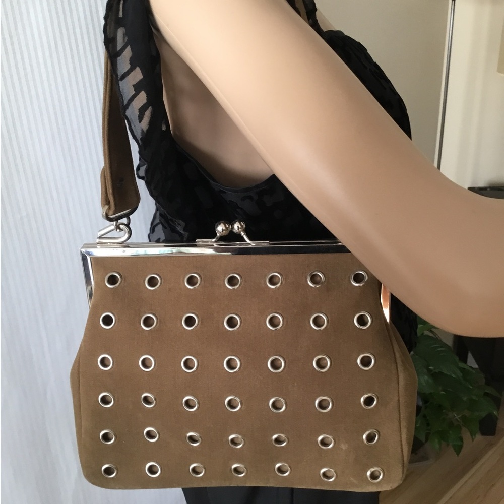Banana Republic Tan Suede Grommet Shoulder Bag with Silver Frame